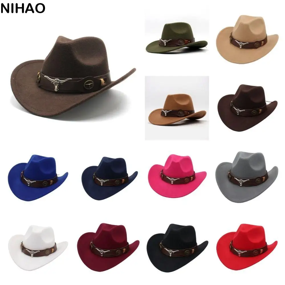 Cool Woolen Western Cowboy Hat Solid Color Big-edge Cowgirl Jazz Hat Wide Brim Party Cosplay Hat Bucket Hats