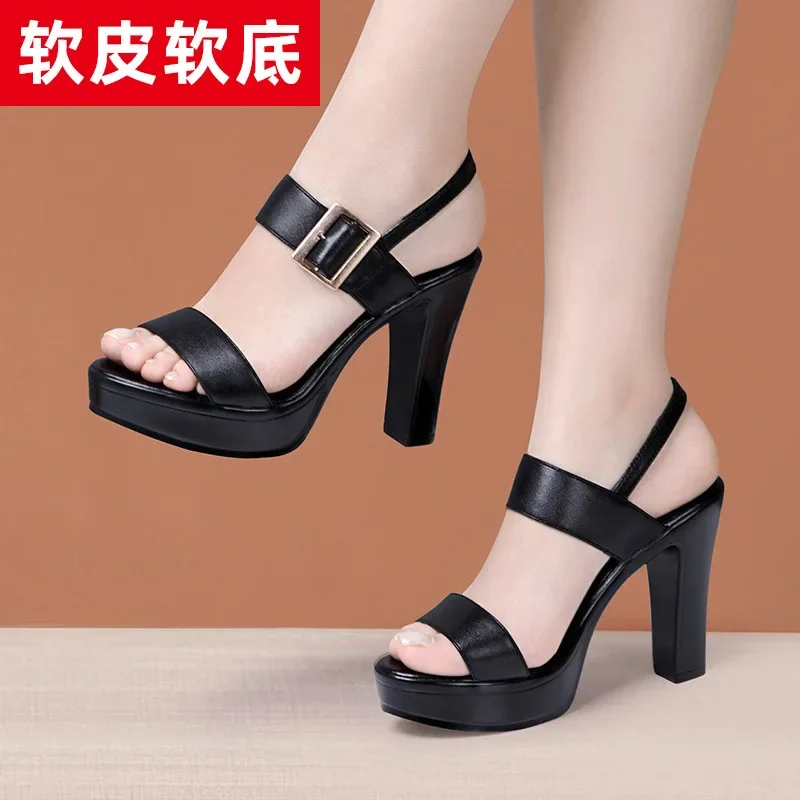 

10 Cm Women's Sandals Summer 2025 Platform Concise Soft Leather High Heel Women Shoes Offers Dress Peep Toe Black and White Shoe