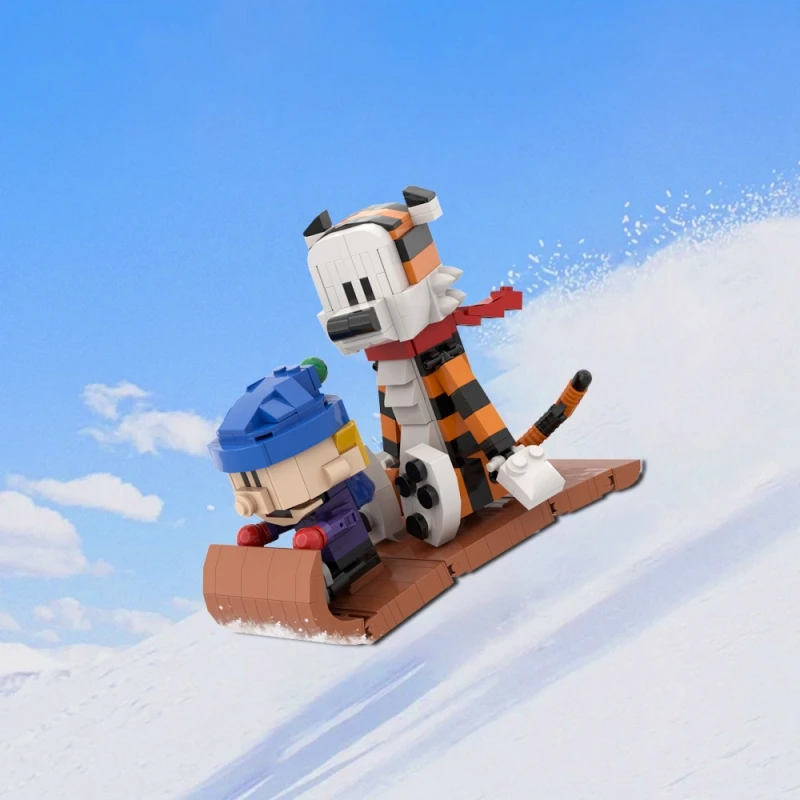 MOC Animation Doll Calvined and Hobbes Model Building Blocks Sports Sled Cute Tiger Action Figure Brick Toy Children's Gift