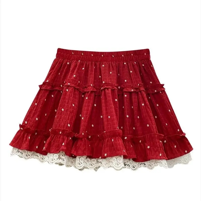 Natal vermelho jk mini saia feminina doce renda retalhos saia plissada harajuku y2k em camadas cintura alta estilo preppy saia