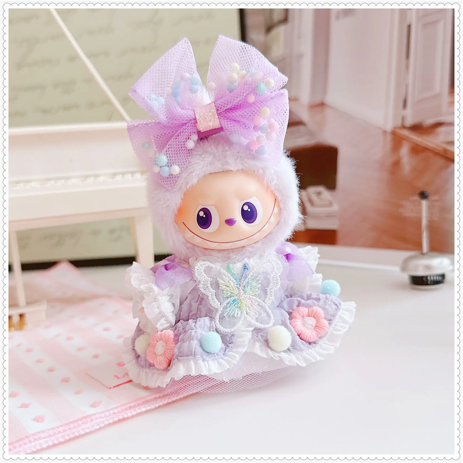 10-17 Cm Kawaii Labubu Kleding Leuke Prachtige Paarse Strik Jurk Set Pluche Pop Kleding Accessoires Speelgoed Anime spel Periferie