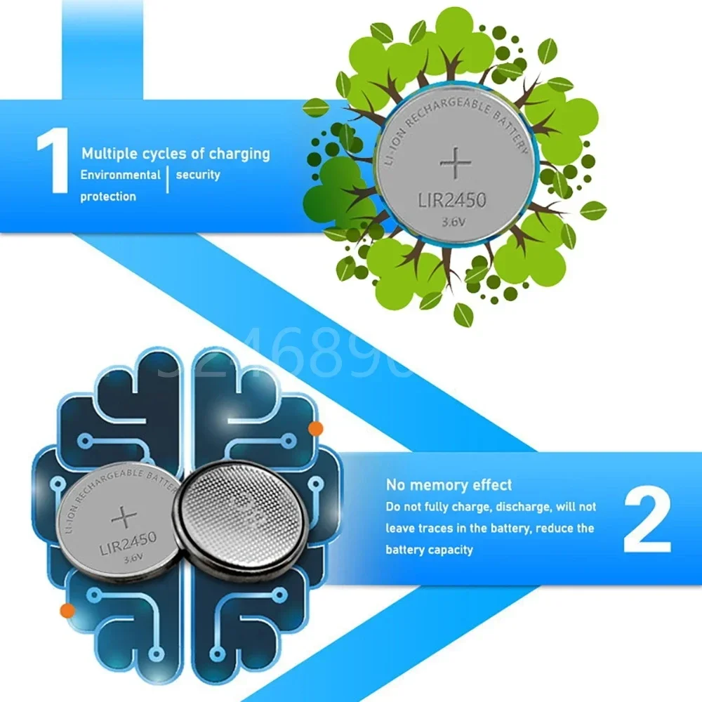 Button Cells Li-ion Rechargeable Battery LIR2450 3.6V Lithium Coin Cell Batteries LIR 2450 Replaces CR2450