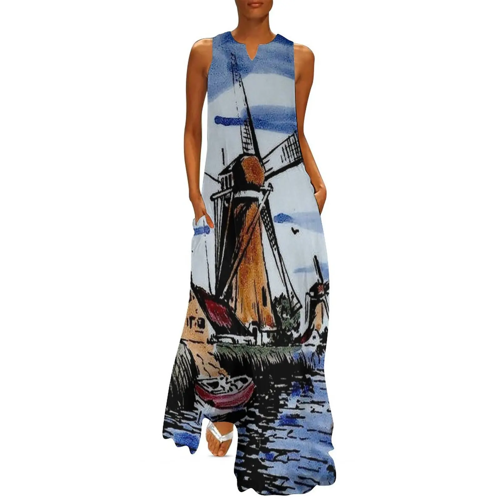 DUTCH BLUE DELFT : Vintage Colorful Windmills and boat on River Print Long Dress Women's clothing Woman fashion Dress