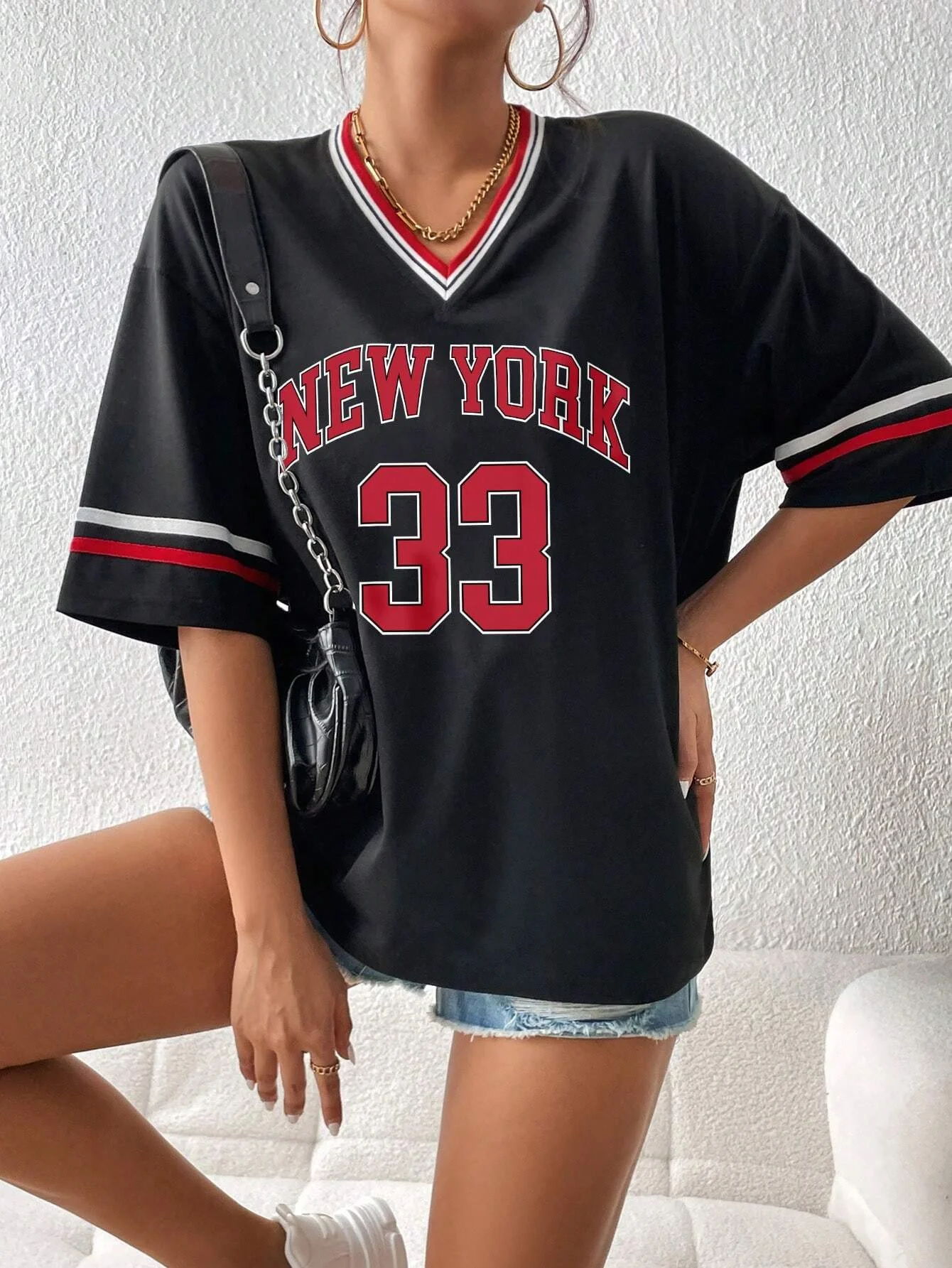 Neue Ankunft New York # 33 frauen V-ausschnitt T-Shirt 2024 Sommer Paar Sweatshirt Harajuku Trend Kurzarm Weibliche Streetwear Tops