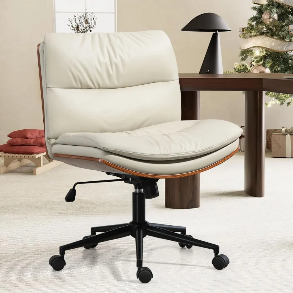 

Armless Modern Walnut Office Desk Chair with Wheels, PU Leather Adjustable Wide Swivel Task Chair, Ergonomic Cross Legged Comput