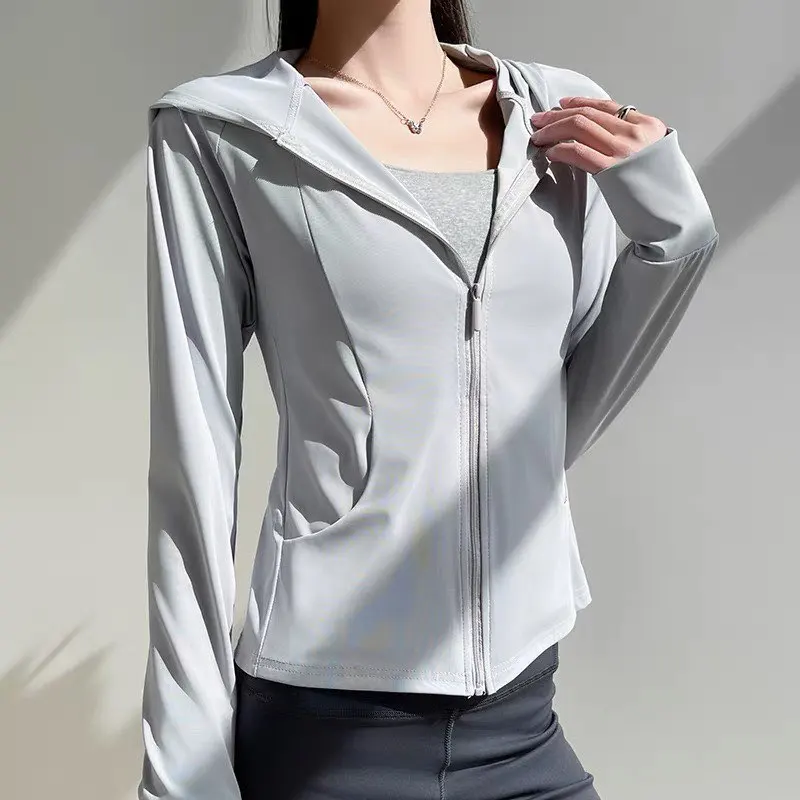 Damen-Sonnenschutzjacke mit Kapuze, langärmlig, mit Reißverschluss, Outdoor-Sportmantel, schmale Oberteile, leichte, atmungsaktive UV-Schutzkleidung