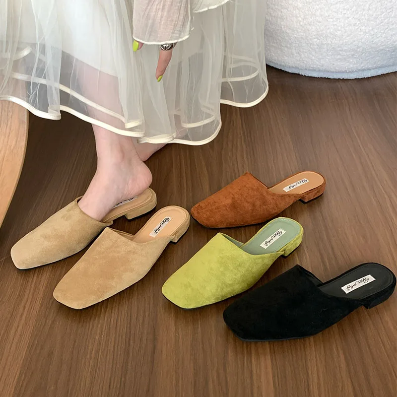 2024 Green Brand Women Slippers Square-toed Muller Shoes Lady Luxury Low Heel Outdoor Slippers Summer Fashion All-Match Slides