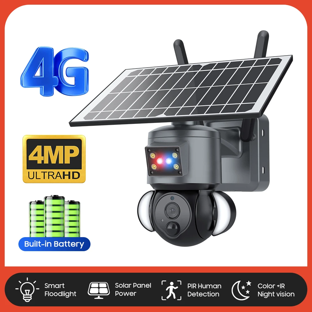 4G Solar Camera Outdoor Solar Panel 4MP Wireless Security CCTV 12000mAh Battery with Anti-theft Siren Alarm