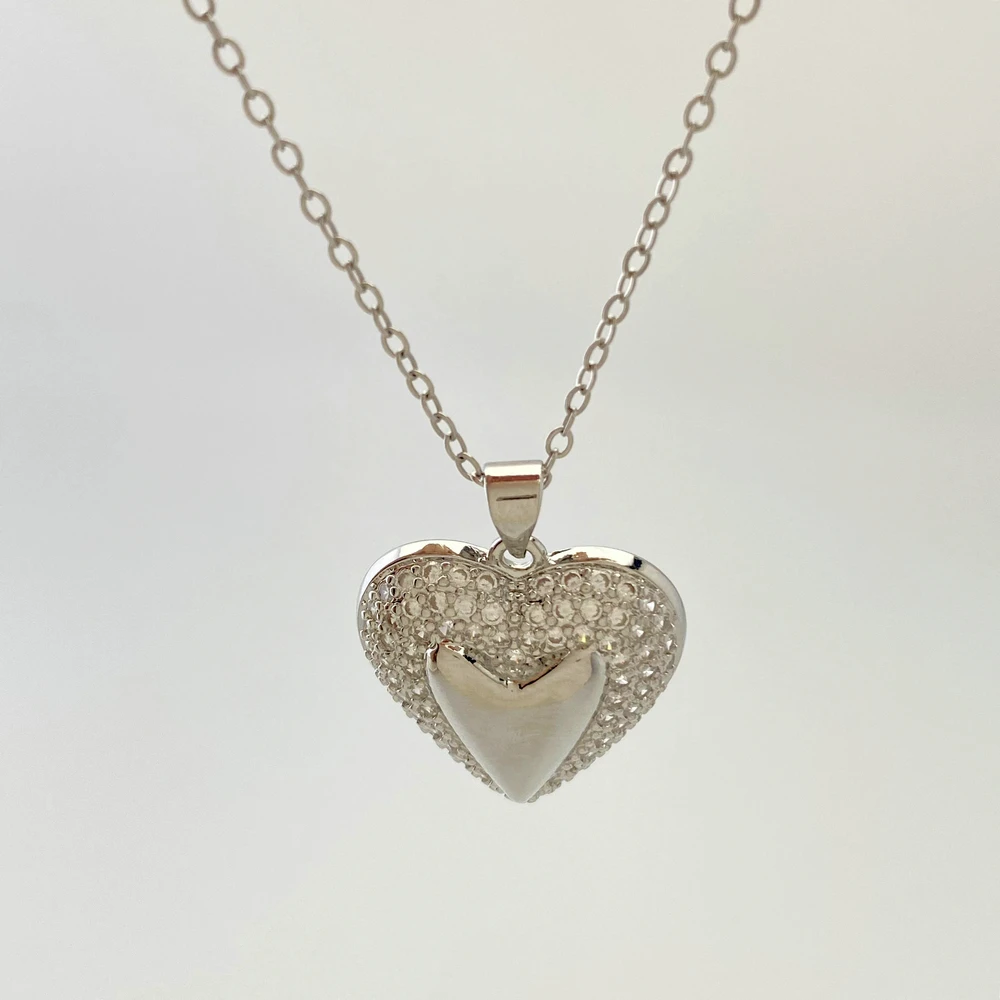 Fashion Clear Zircon Pave Silver Plated Heart Charms Necklace Jewelry Gift image 3