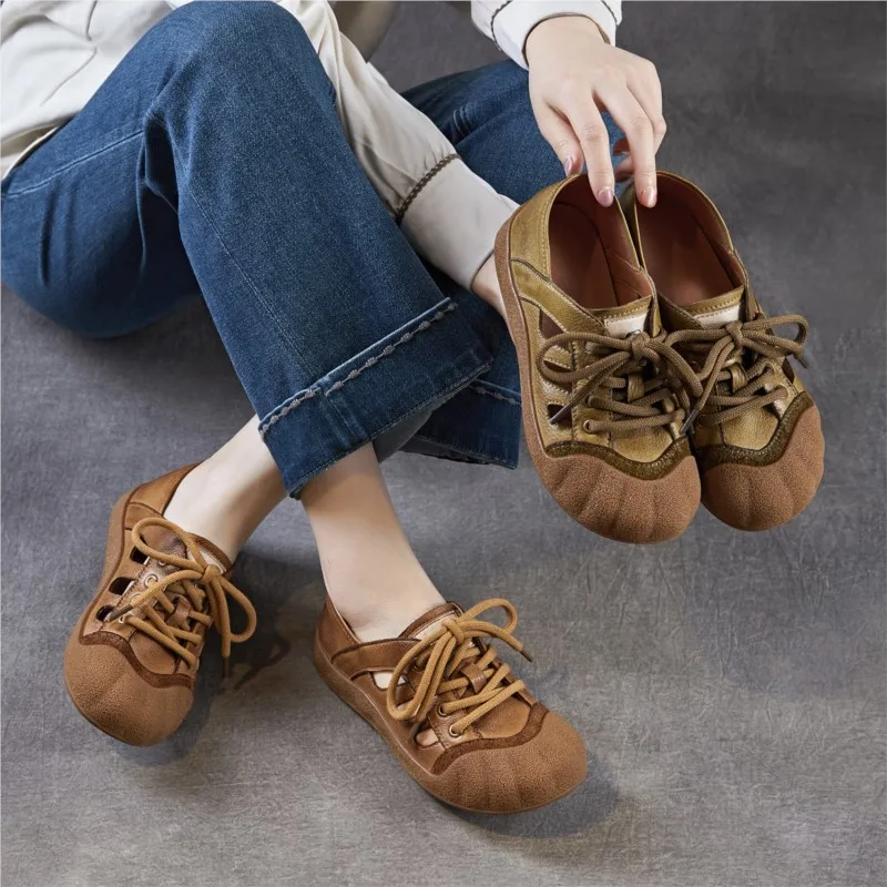 2026 2.5cm Genuine Leather Hollow-out Breathable Women's Shoes Summer New Casual Lace Up Round Toe Flat Sandals