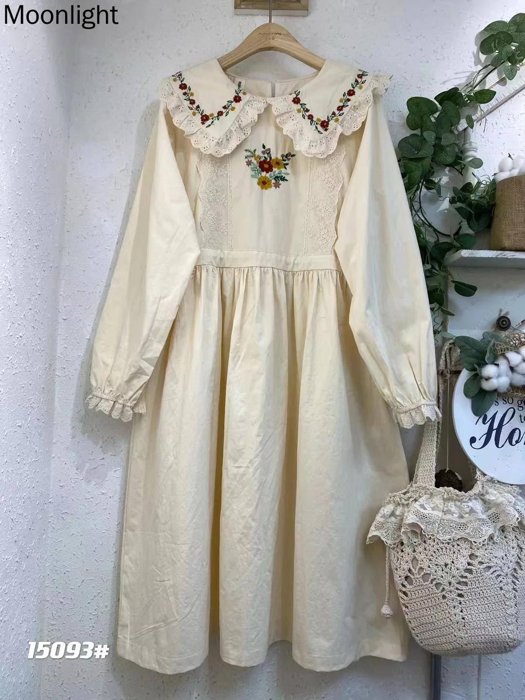Floral Embroidery Cotton Linen Dress Women Japan Mori Girl Kawaii Lace Peter Pan Collar Dress Vintage Loose Long Sleeve Vestido