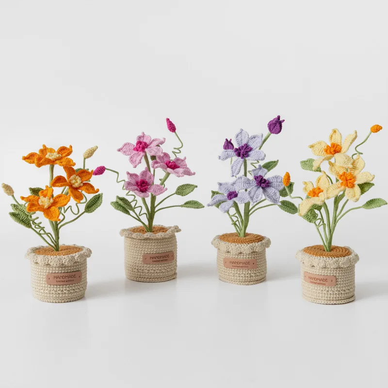 

Crochet Orchid with Potted Knitted Flowers Handmade Artificial Flower Desktop Bookshef Easter Decoration