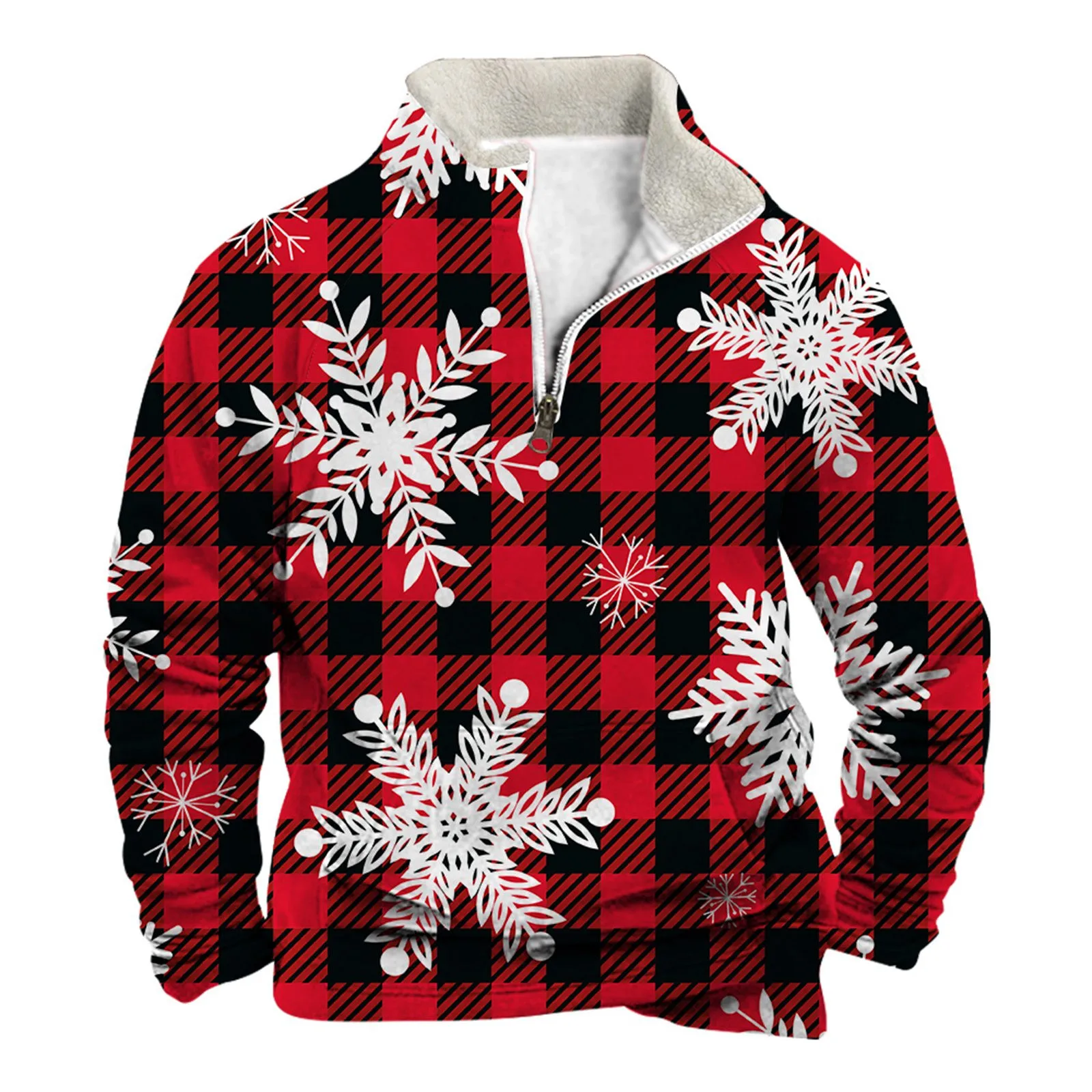 

Men's Fashionable Christmas Printing Pullover Tops Long Sleeve Stand Collar Zipper Hoodless Velvet Casual Male Sweatshirts