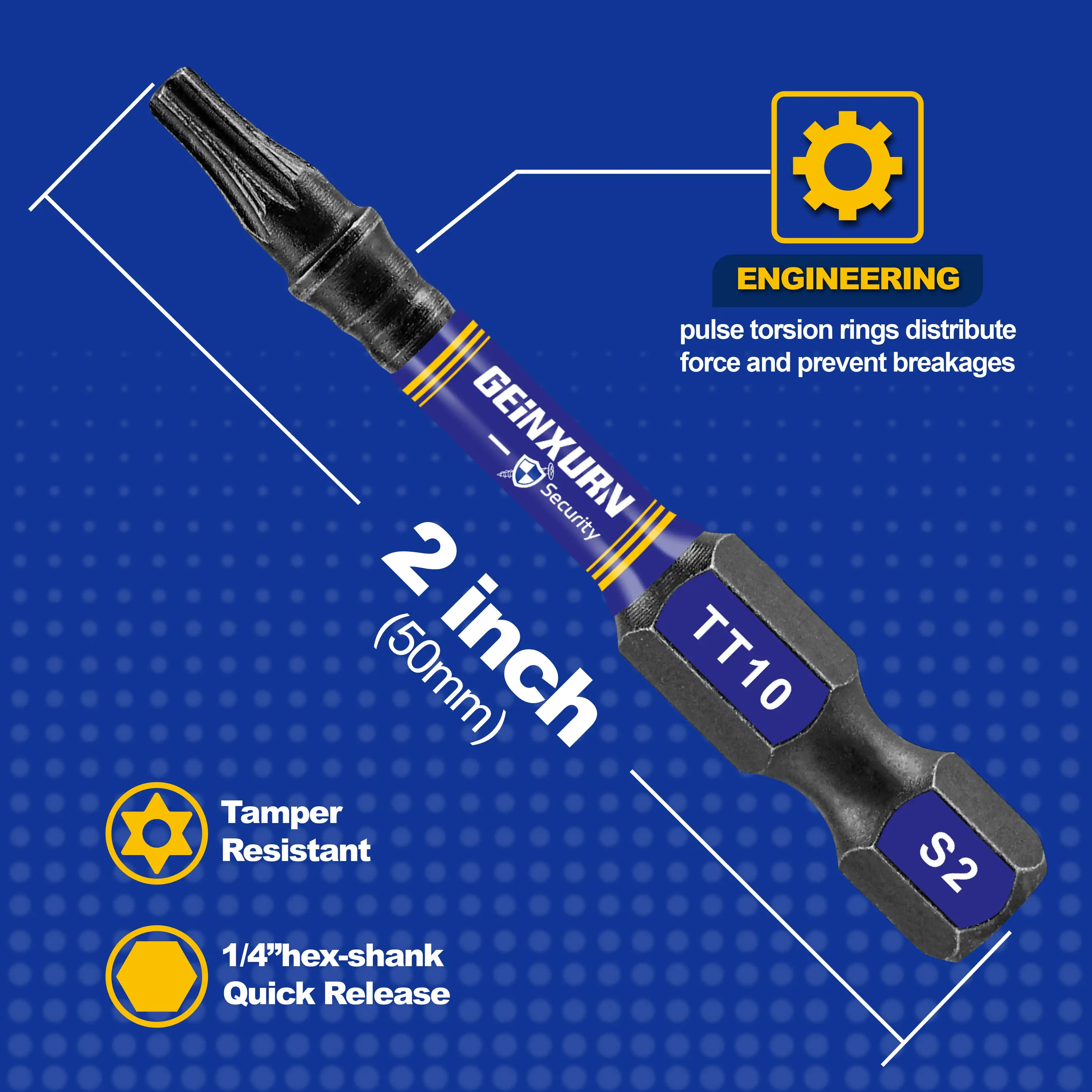 Geinxurn 2 In.Impact Tough Magnetic Power Bit Set,Security Torx Head Power Bits,S2 Alloy Steel Star TT10 Screwdriver Bits Set