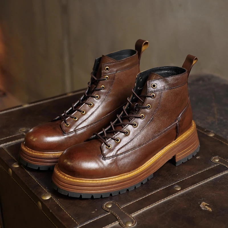 Fashion Men's Genuine Leather Suede Chelsae Boots Brogue Shoes Retro High-top Round Toe Mid-calf Thick Heel Western Riding Boots
