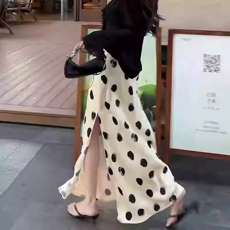 Temperament Polka Dot Print Elastic Waist A-line Skirt Summer Slit Hem All-match Elegant Long Dress Fashion Trend Women Clothing
