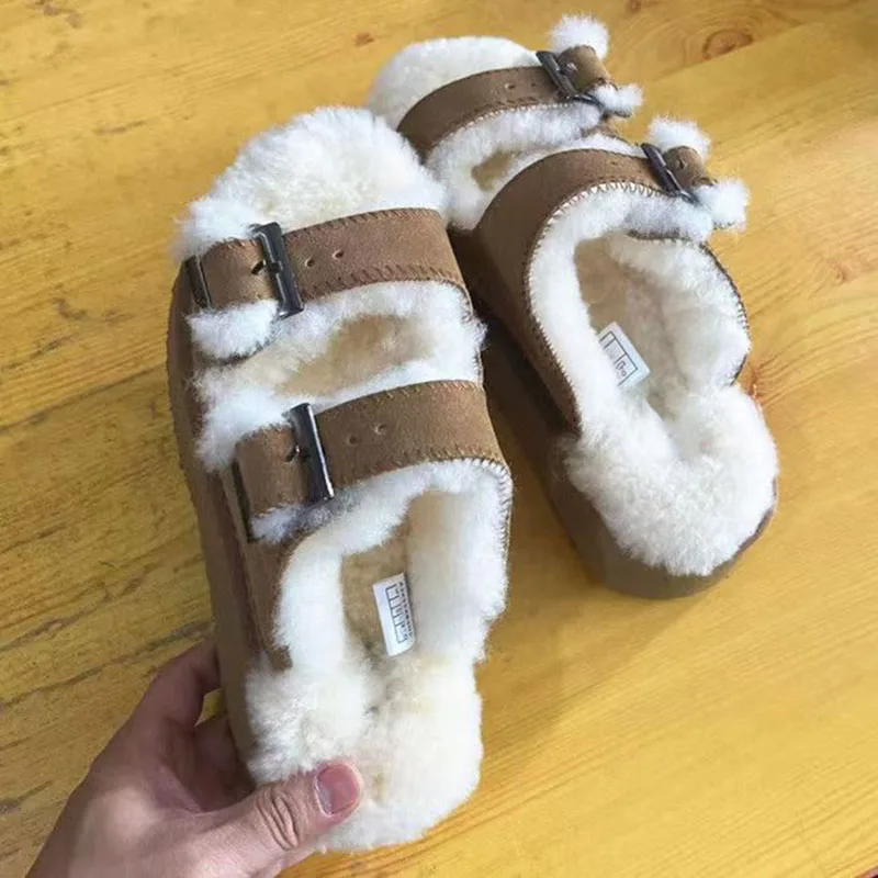 Autumn And Winter Women's New Woolen Slippers With High Thick Bottom And Double Bar Metal Buckle For Casual Woolen Dragging