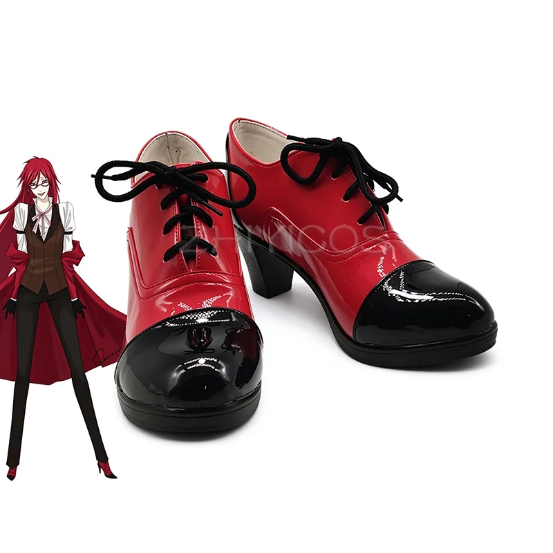 Anime Black Butler Grell Sutcliff Cosplay Shoes Red&Black Ankle Boots High Heels Adult Carnival Halloween Cosplay Boots
