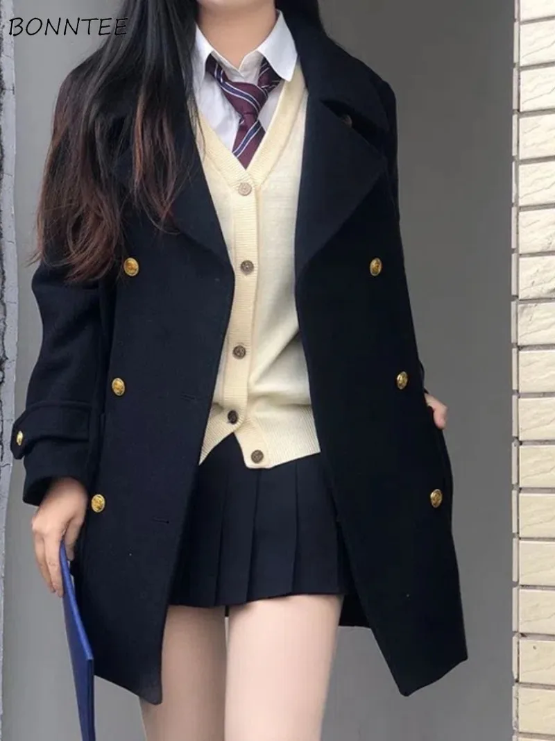 

Wool Women College Korean Fashion Ins Double Breasted Coat Autumn Winter All-match Daily Outwear Slouchy Streetwear Students