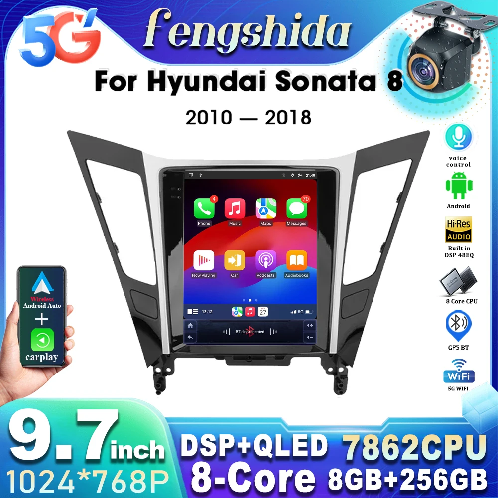 For Hyundai Sonata 8 YF 2010-2015 Android 14 Tesla Style 9.7 Inch Car Android auto Wireless Carplay Radio GPS Video Stereo BT