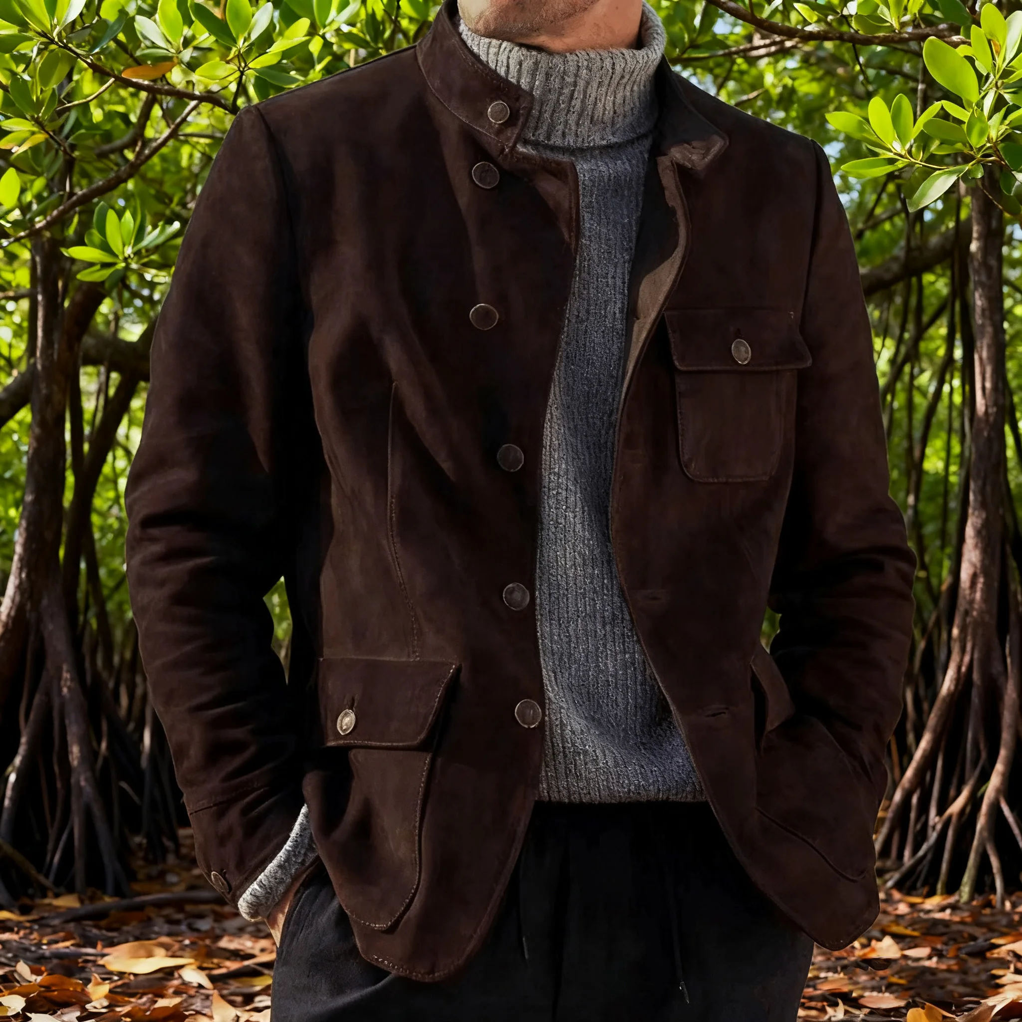 

High Quality Suede Men's Jacket Turndown Collar Multi-pocket Windbreaker American Fashion Vintage Casual Coat Autumn Winter