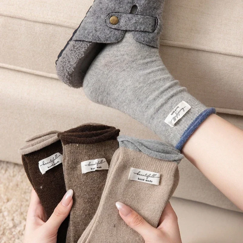 Women Winter Wool Socks New Fashion Lable Letter Color Blocking Fashion Thick Warm Long Socks For Women Korean Style