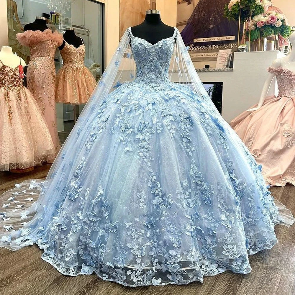 فساتين Quinceanera باللون الأزرق السماوي ، فساتين إسباغيتي ، أشرطة من التل ، زينة منتفخة من المكسيكي ، حلوة 16 فستان 15 أنوس