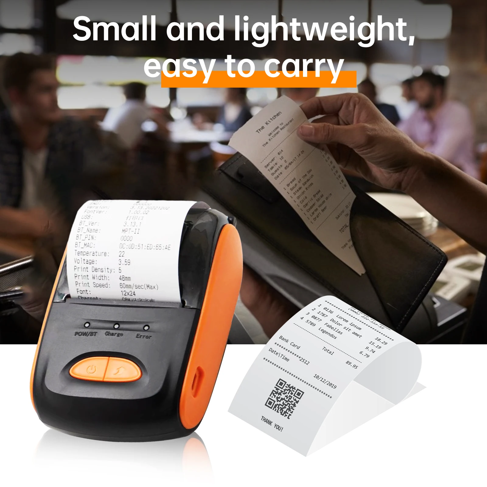 Wireless BT Mini Bill Ticket Printing Printer Receipt Printer Portable 58mm Mobile Thermal Printer with 1pcs Thermal Paper Rolls