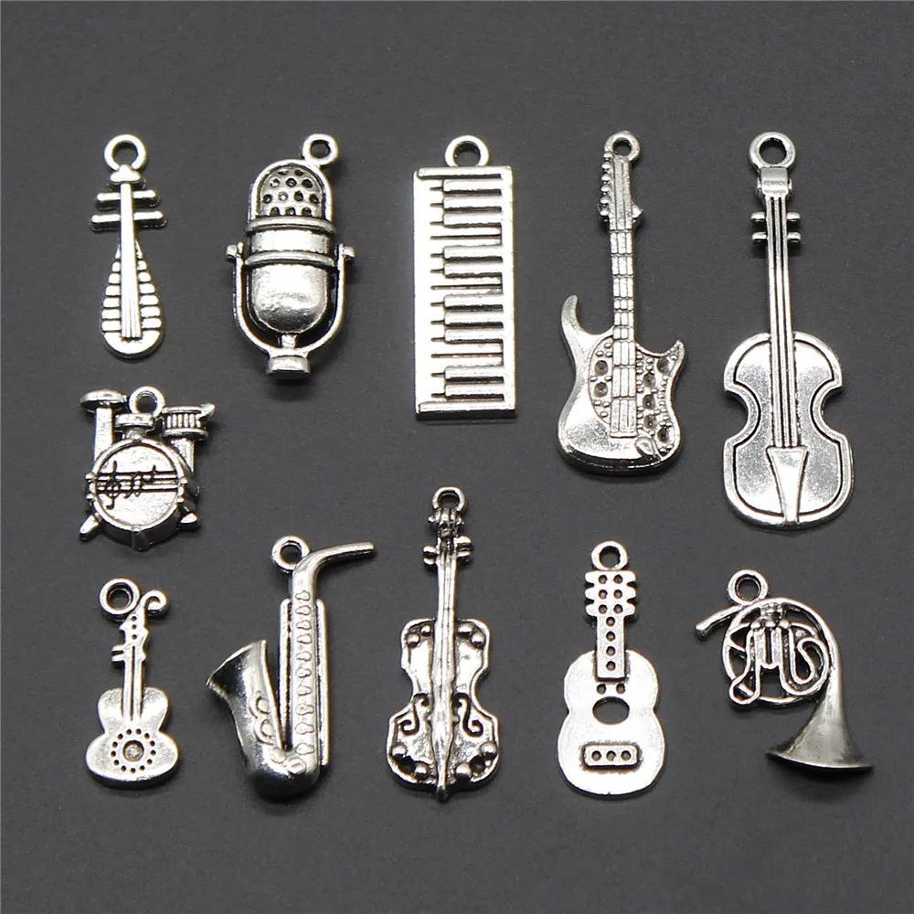 10pcs Musical Instrument Charm For Jewelry Making Antique Silver Color Guitar Microphone Violin French Horn Charm