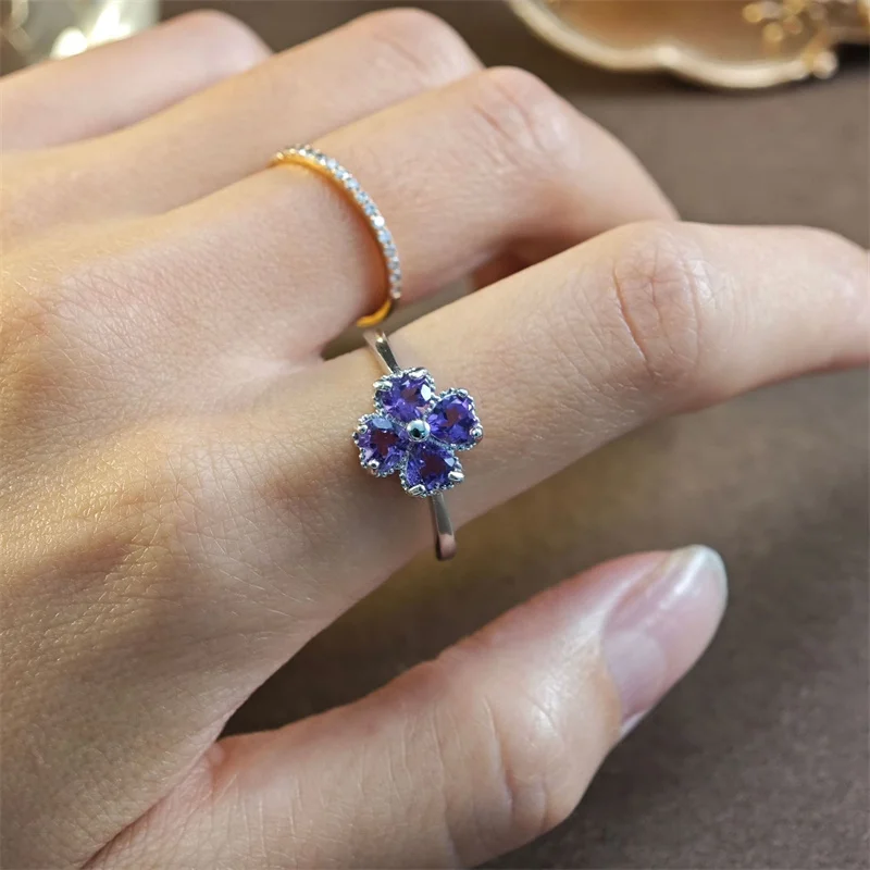 Real Authentic 925 Sterling Silver Four-leaf Clover Natural Amethyst Wedding Resizable Size Ring for Women Girl