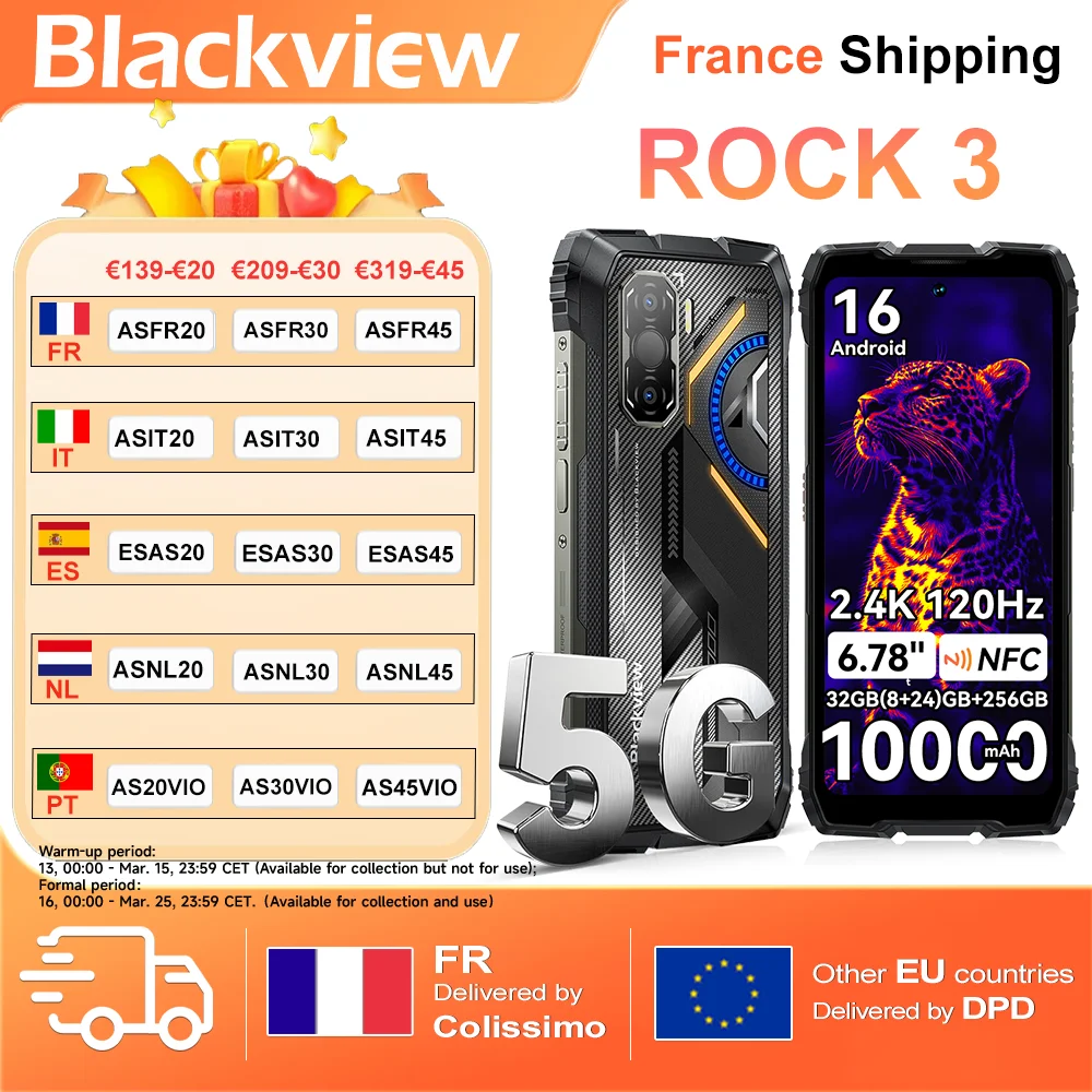 Smartphone robuste Blackview ROCK 3, 6,78'', 32 Go (8+24) Go + 256 Go, Android 16, 10000 mAh, NFC, 2,4K, 120 Hz, MediaTek G100, 108 MP