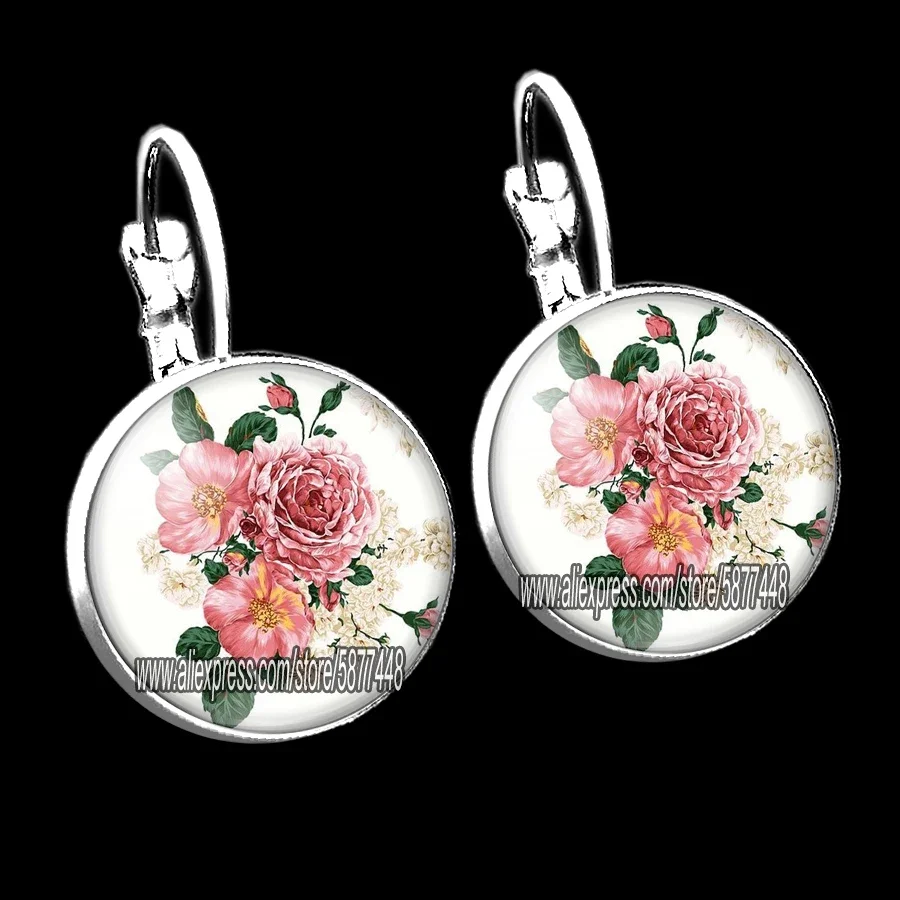 Pink Rose Flower Women Stud Earrings Beautiful Peony Flower Mother Earrings Mixed Flowers Glass Cabochon Earrings Gift for Women