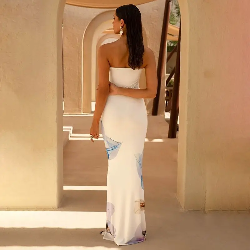 Women's Strapless Floral/Gradient Print Bodycon Maxi Dress - Slim Fit Side Split, Elegant Sweet Party Dress for Spring Summer