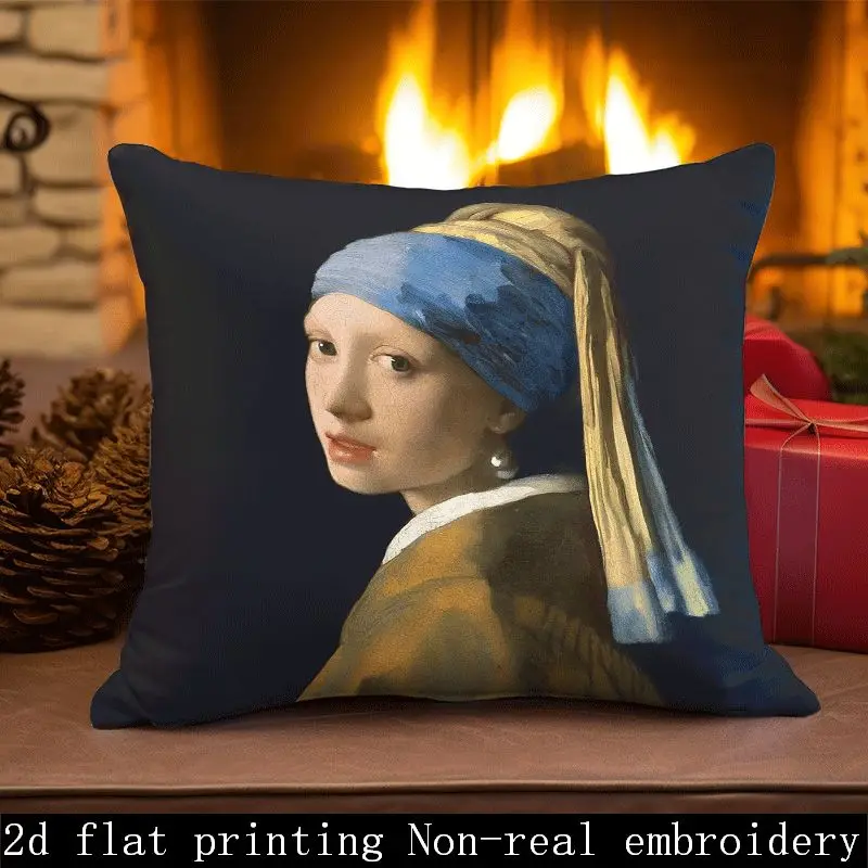 1pc Famous Girl With Pearl Earring Portrait Art Pillow Cover 2D Double-Side Print Polyester Cushion Case for Bedroom Gallery Sty