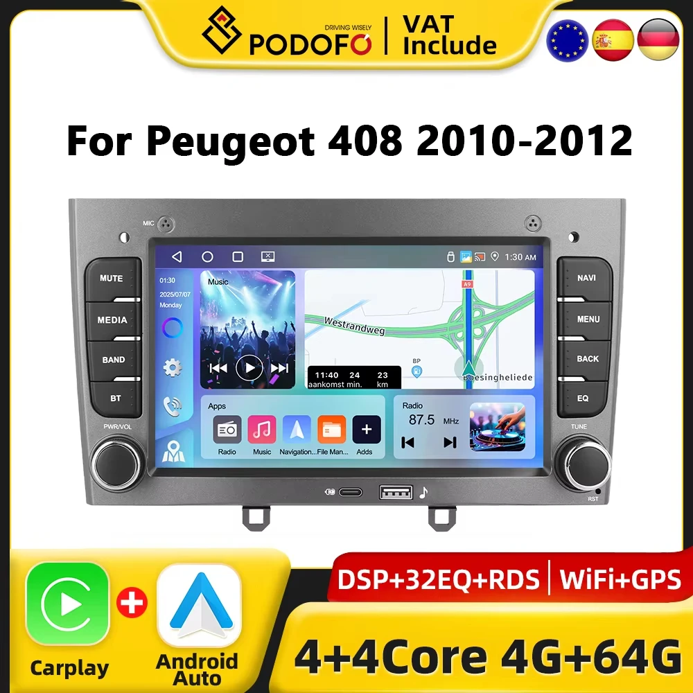 Autoradio Android Podofo CarPlay pour Peugeot 308 408 2012-2012, système intelligent de voiture, récepteur stéréo GPS 2din, lecteur multimédia de voiture, autoradio FM RDS, unité principale WiFi