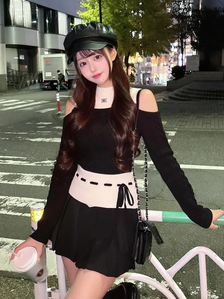 Elegant Knitted Slim Fit Two Piece Set Shoulder Bared mid High Collar Autumn Winter Women's Fashion Warm Long Sleeve Striped ...