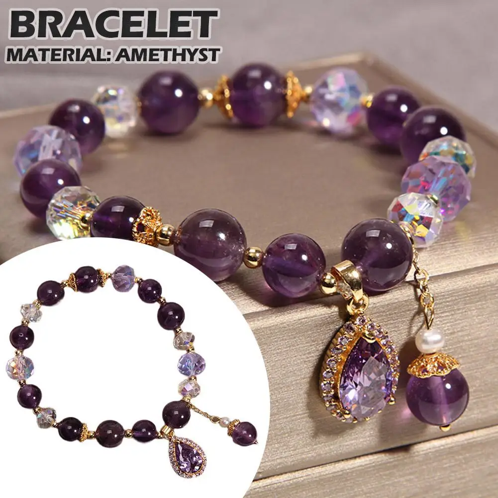 Natural Amethyst Bracelet Healing Quartz Purple Crystal Cure Bangle Jewelry Bracelet Women Stone Male Stretch Jewelry T5Y2