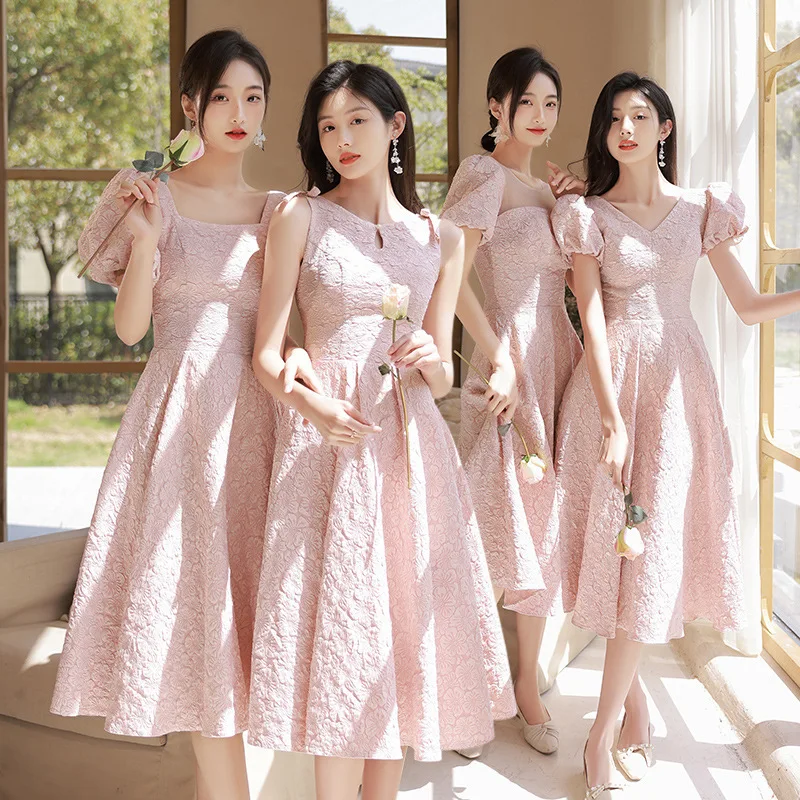 

4 Style Pink Bridesmaid Dress Sweet Jacquard Elegant Off Shoulder Sister Group Party Gown Tea-Length Wedding Female Guest Dress