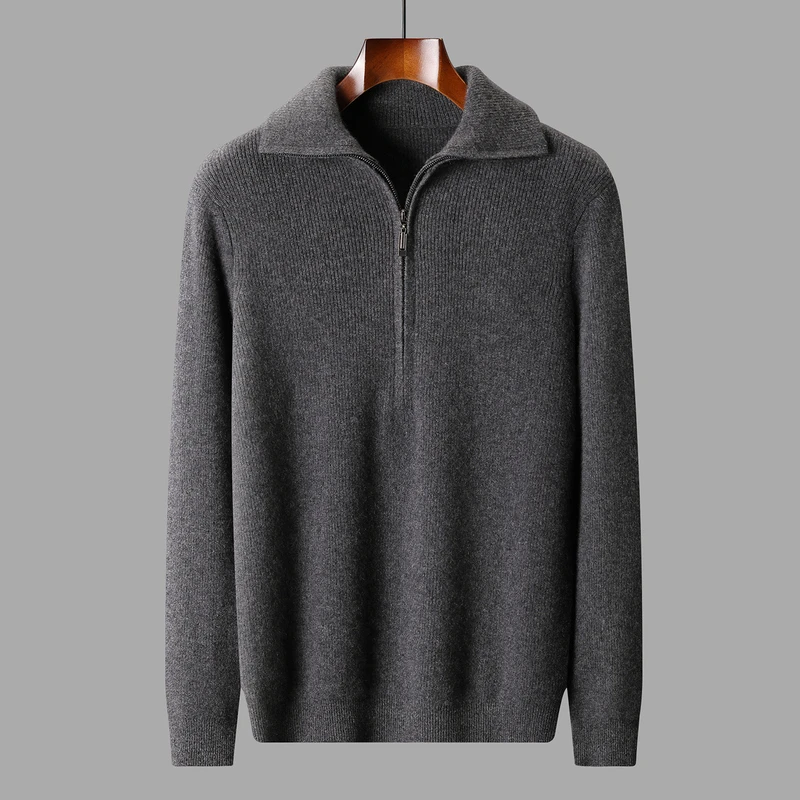 100% suéter de cachemira pura con cuello POLO para hombre, jersey de punto con media cremallera, chaqueta de camisa informal gruesa para otoño e invierno 2025
