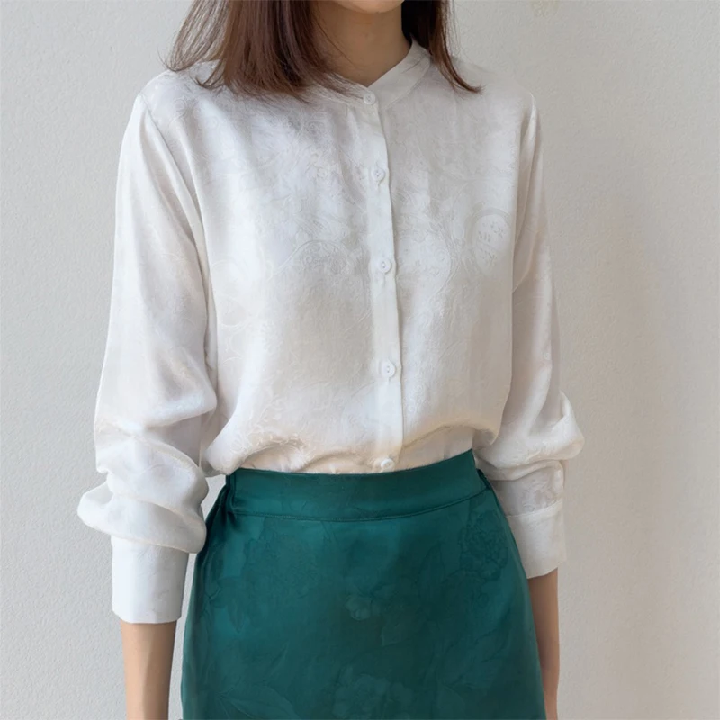 

Женская шелковая рубашка из 100% тутового шелка 19, жаккардовый шелк, однотонная блузка с длинными рукавами и пуговицами, офисная работа, M L M1489