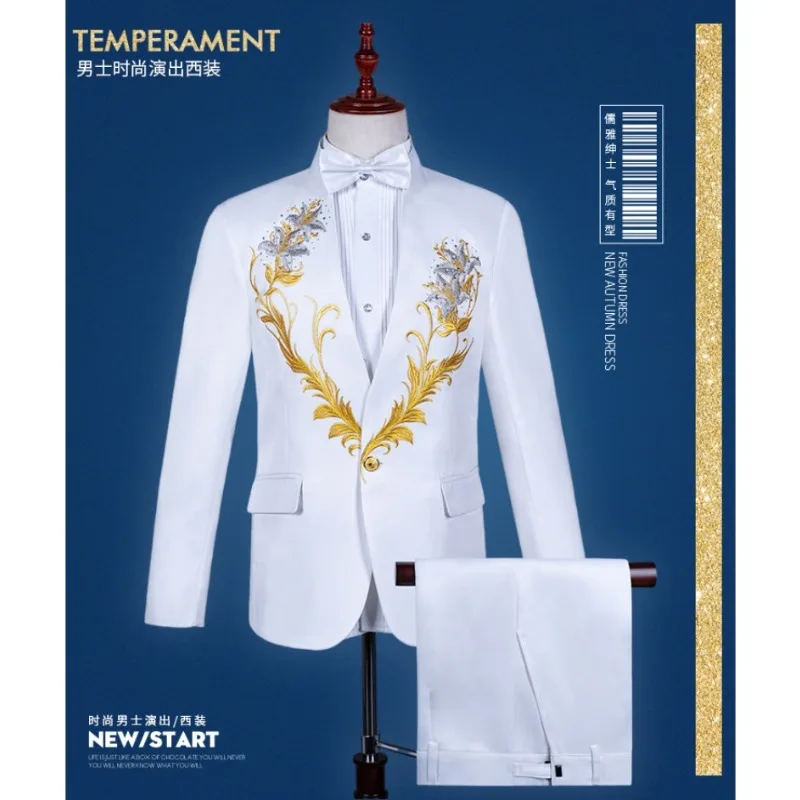Terno masculino colarinho bordado brocas quentes vestido grande coro trajes cantor compere comando uniformes terno traje para o show