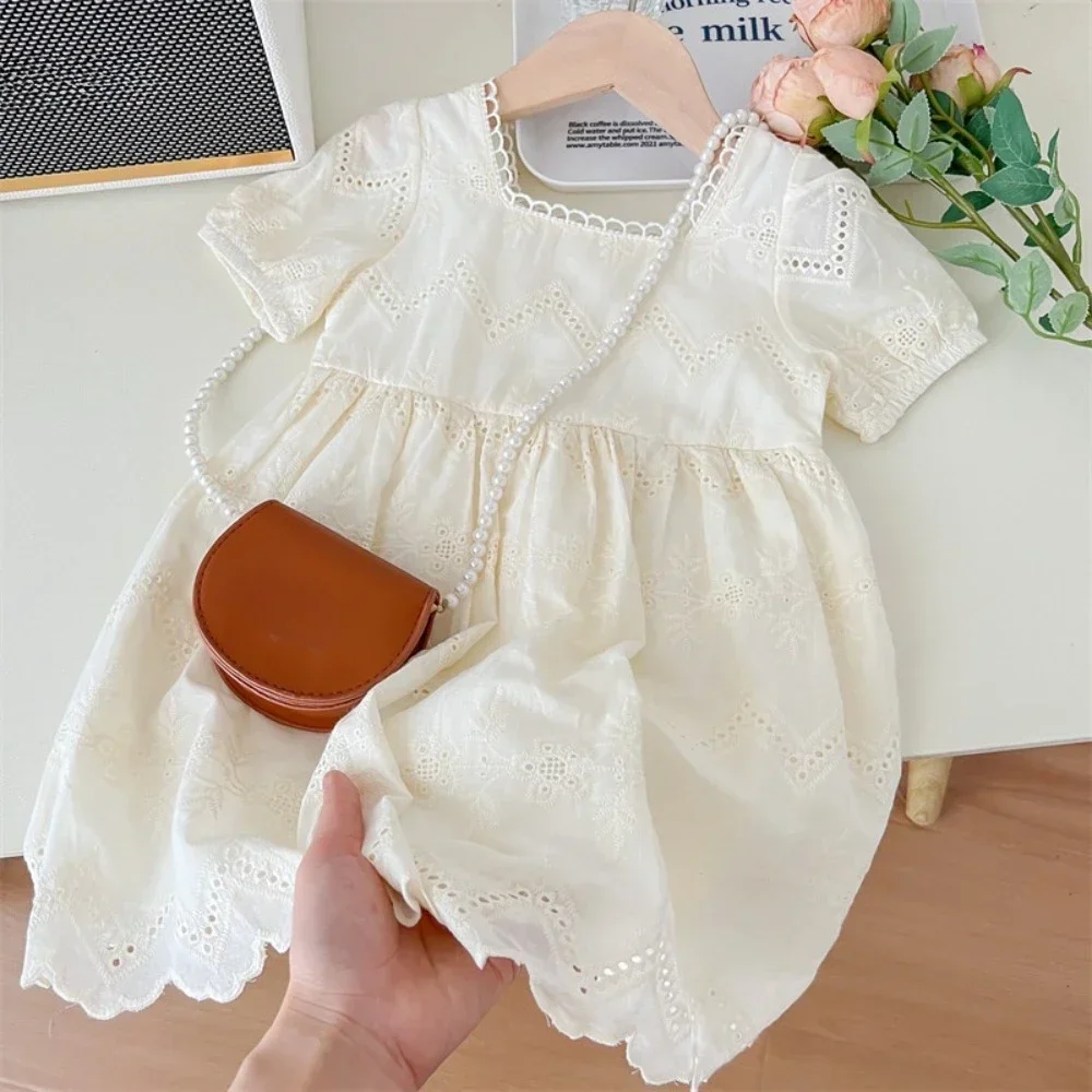 

Summer New White Square Neck Bubble Sleeve Hollow Pattern Lace Princess Dress Solid Color Birthday Party Girls' Clothes