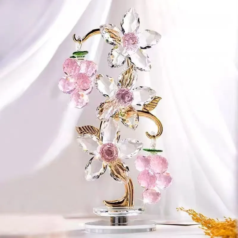 Crystal Pink Grape Flower Figurine Base Glass Ornament Home Tabletop Decoration Wedding Birthday Gift Collectible Desktop Statue