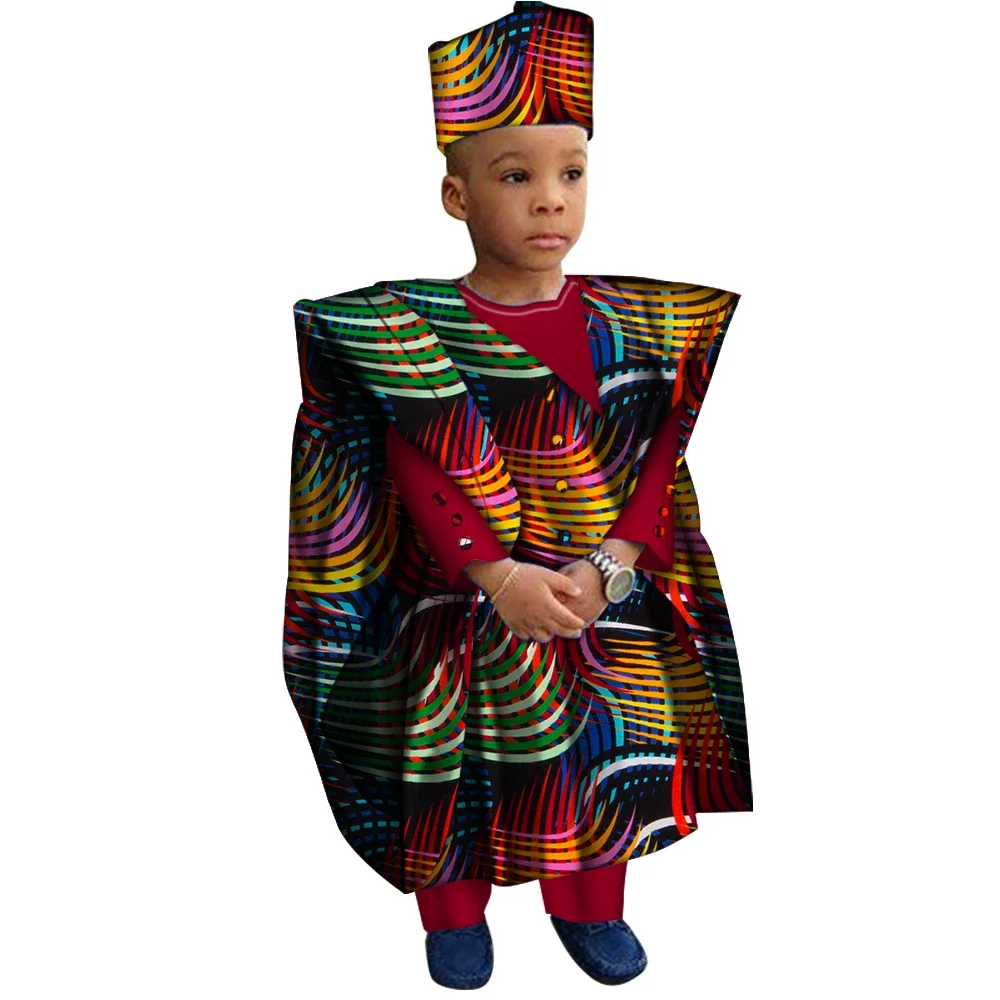 African Clothes with Hat Boy Tops and Pants African Print Clothes for Boys Bazin Riche Dashiki Gown Set WYT200