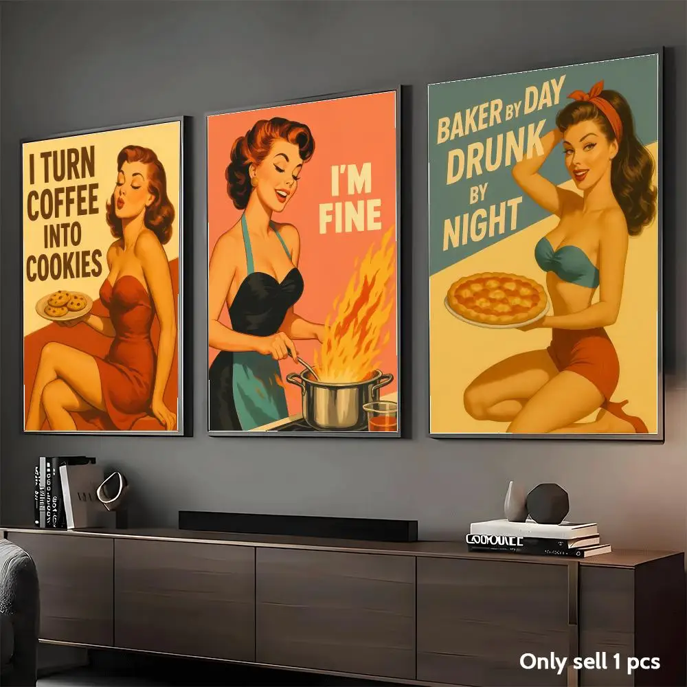Retro Pin-Up Girl with Funny Kitchen Poster Decorative Wall Art Stickers Mural Photo Print for Home Living Room Hallway Decor