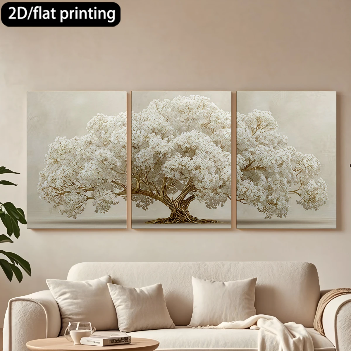Impresión plana 2D, cuadro decorativo de lienzo con marco de madera de 3 piezas, árbol con flores blancas, decoración impresionante.