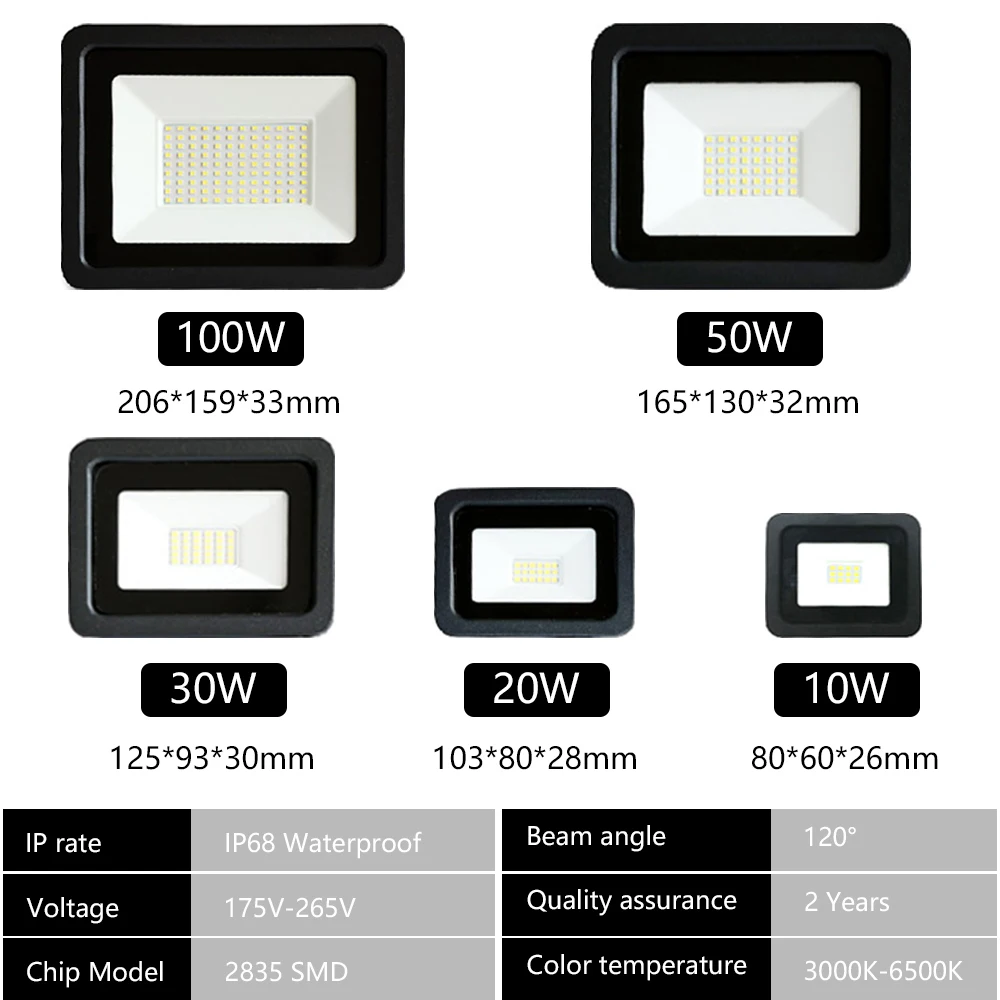 ไฟฟลัดไลท์ LED AC220V 10W 20W 30W 50W 100W IP68โปรเจ็คเตอร์สวนกลางแจ้งกันน้ำ