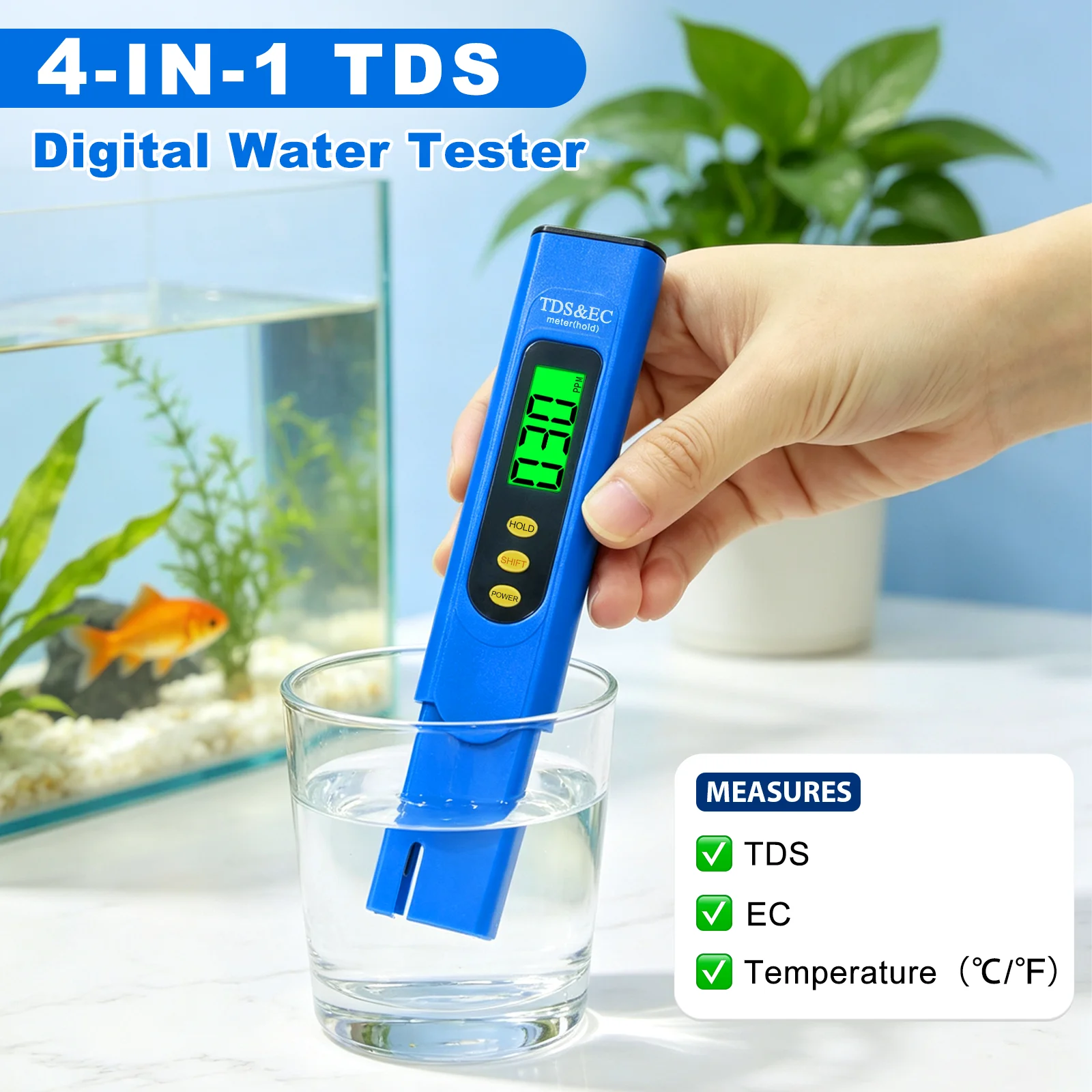 INSOMA TDS Meter 4 IN 1 Digital Water Tester Pen TDS Reading Color Alert Backlit LCD for Aquarium Drinking Water Tap Water
