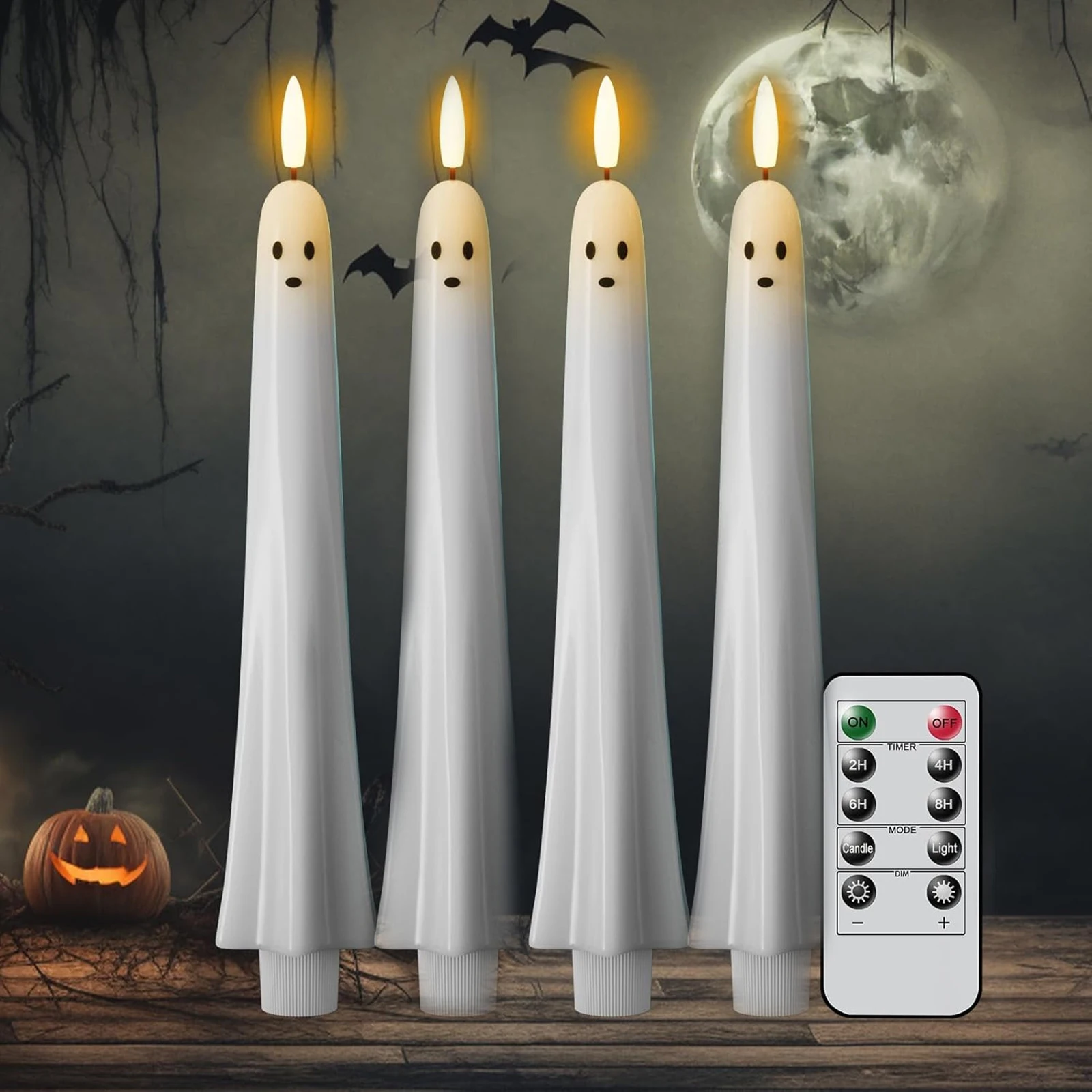 

F2 Ghost Shaped Ghost Taper Candles Battery Operated Flameless Taper Candles with Remote and Timer White Spooky Candles Decor