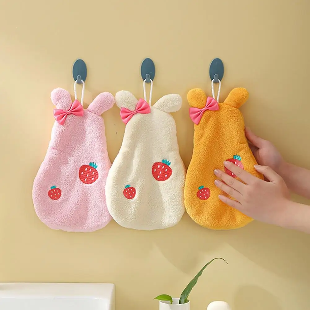 Hand Towel Super Absorbent Extra Soft with Lanyard Coral Fleece Double Layer Strawberry Print Hand Wipe Towel Bathroom